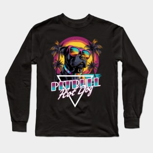 Retro Wave Pitbull Terrier Hot Dog Shirt Long Sleeve T-Shirt